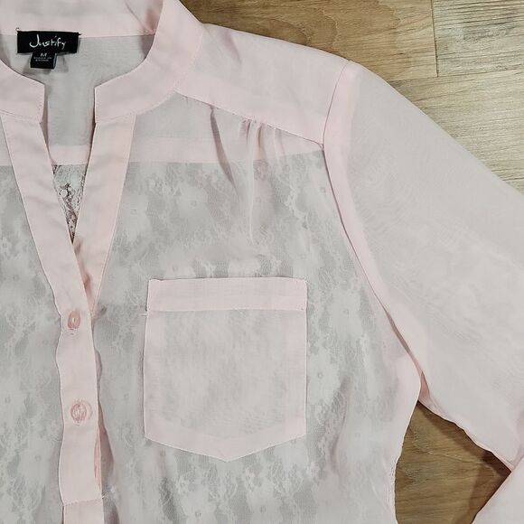 💜Justify Pink Semi-Sheer & Lace Adjustable Sleeve Top Medium - Picture 5 of 10